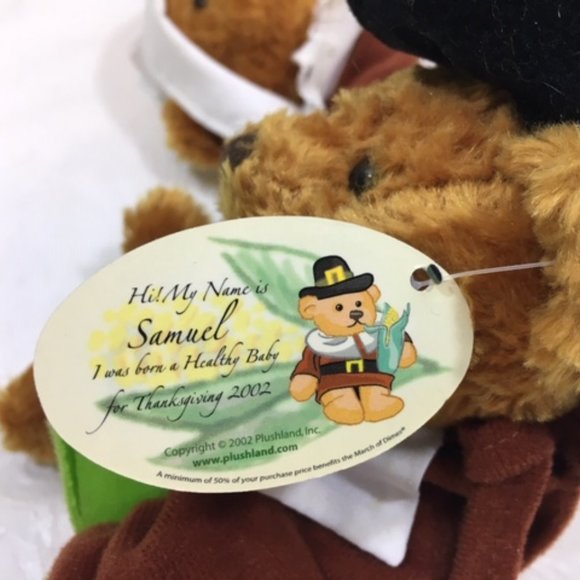 TWO Pilgrim Teddy Bears Thanksgiving Fall PLUSHLAND March of Dimes 8" - Picture 9 of 10